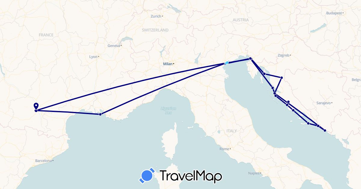TravelMap itinerary: driving, boat in France, Croatia, Italy (Europe)