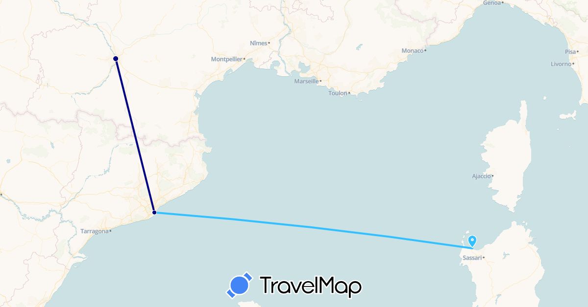 TravelMap itinerary: driving, boat in Spain, France, Italy (Europe)